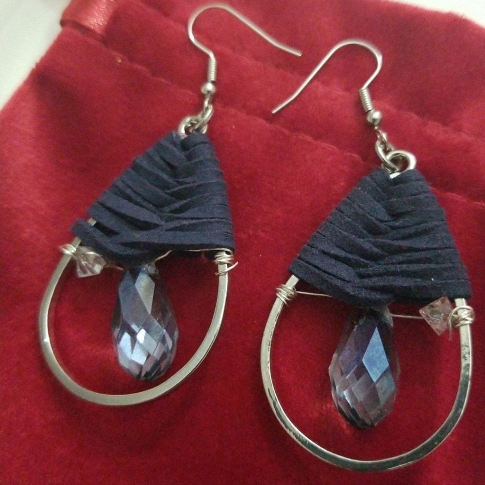 Leather crystal teardrop earrings double crystal